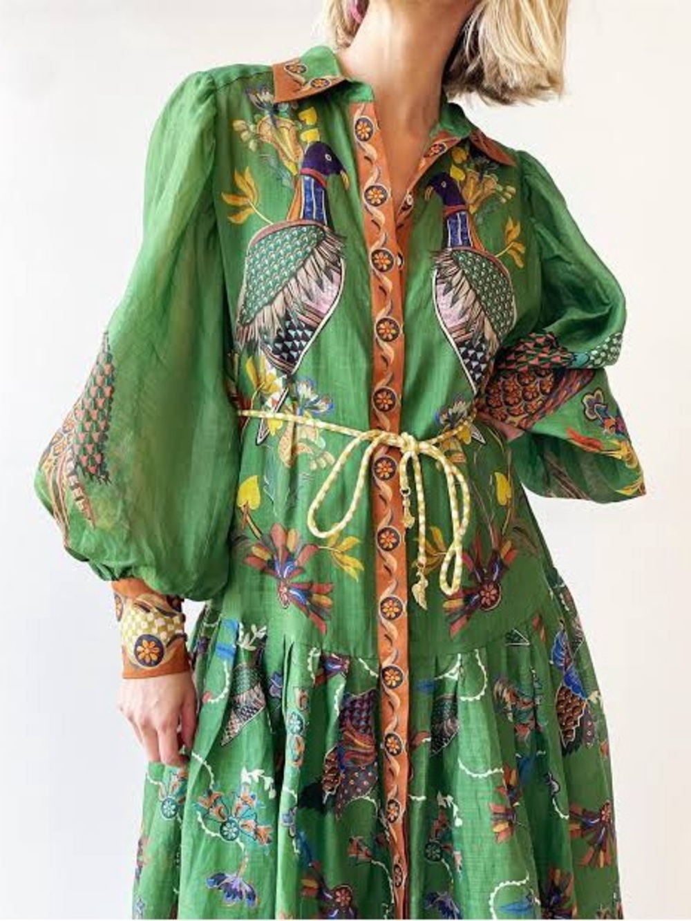Embellished Green Long-Sleeve Maxi Dress with Bird Print